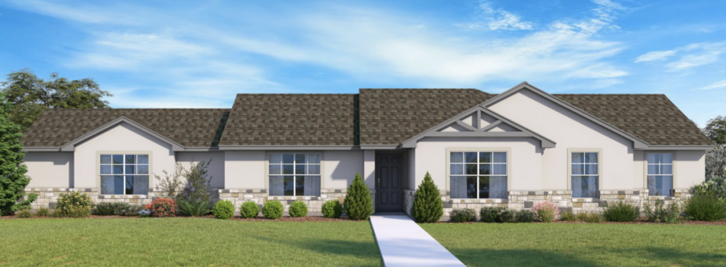 Rendering of a new single-story home with a combination of stone and stucco exterior. The house features a dark front door, multiple windows, and a symmetrical roof with a gable design.